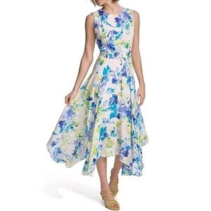 Calvin Klein Sleeveless White Green Blue Floral Scarf Hem Midi Dress size 14